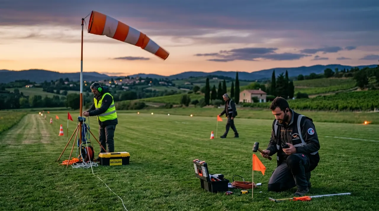 Équipe technique travaillant sur le terrain d'aéromodélisme d'Agde